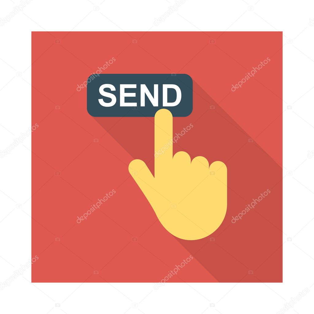 hand with send symbol flat style icon, vector illustration, pay concept 