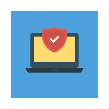 dizüstü bilgisayar düz simgesi, vektör, illüstrasyon ile güvenli kalkan