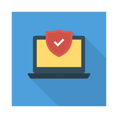 dizüstü bilgisayar düz simgesi, vektör, illüstrasyon ile güvenli kalkan