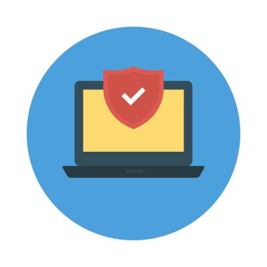 dizüstü bilgisayar düz simgesi, vektör, illüstrasyon ile güvenli kalkan