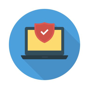 dizüstü bilgisayar düz simgesi, vektör, illüstrasyon ile güvenli kalkan