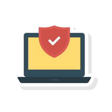 dizüstü bilgisayar düz simgesi, vektör, illüstrasyon ile güvenli kalkan