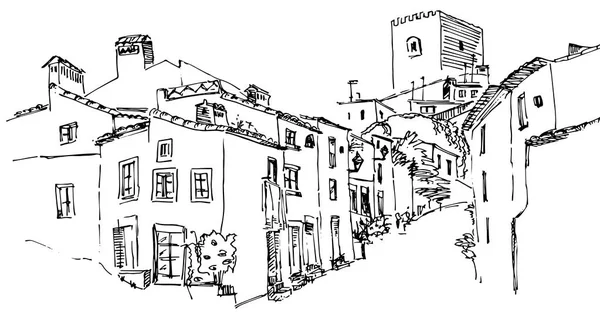 Antiguo Pueblo Sur Europa Calle Vista Boceto — Vector de stock