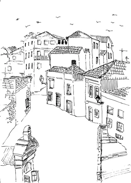 Porto Portugais Vieilles Maisons Carrelage Toit Croquis Vue Sur Ville — Image vectorielle