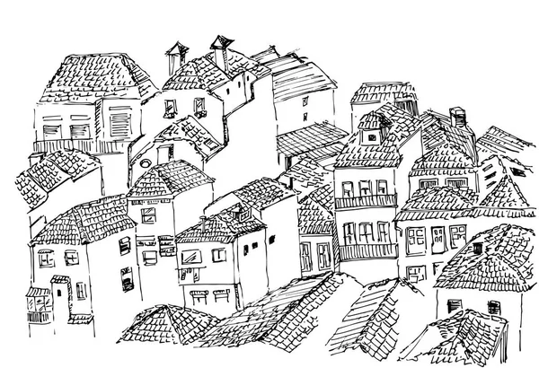 Porto Portugais Vieilles Maisons Tuiles Toit Maisons Vue Croquis — Image vectorielle