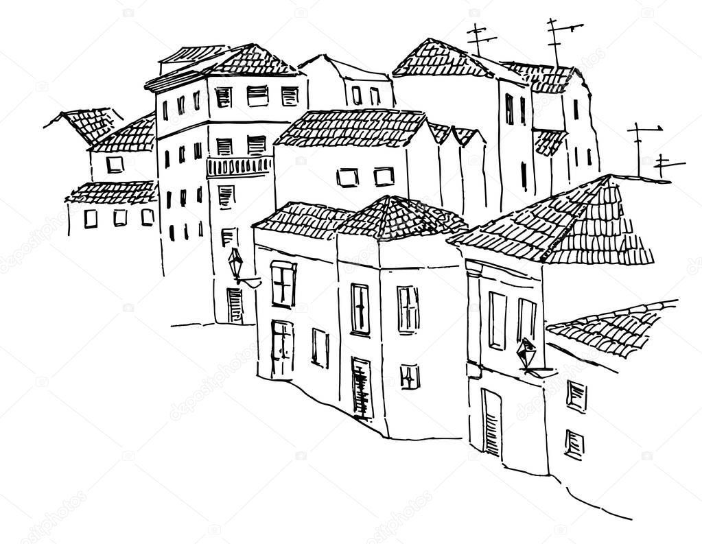 Porto portugal old houses tile roof sketch city view old town