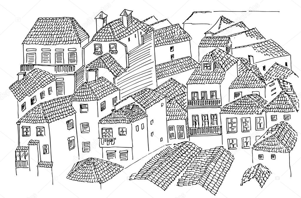 Porto portugal old houses tile roof houses view sketch