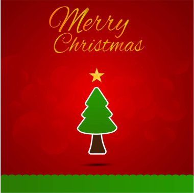 Merry Christmas yazı kırmızı ağaç arka plan, vektör illüstrasyon