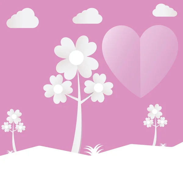 Srdeční stromek střih růžového papíru milovat Valentýn s mraky, vektor — Stockový vektor