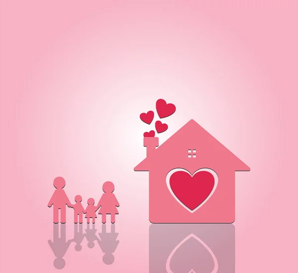 Happy family at home.Mom and Dad stand hand in hand with boy & girl.Heart inside home on pink background, Vector llustratio — стоковый вектор