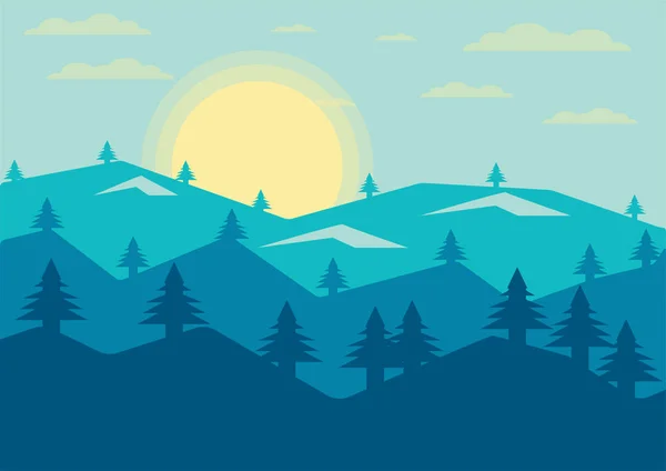 Abstrato Paisagem pinheiro vista montanha noite sol fundo, Vector llustração — Vetor de Stock