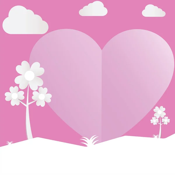 Srdeční stromek střih růžového papíru milovat Valentýn s mraky, vektorový llustrace — Stockový vektor