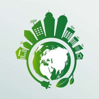 Ekoloji. Green şehirler çevre dostu konsept fikirleri ile dünyaya yardım, vektör ıllustratio