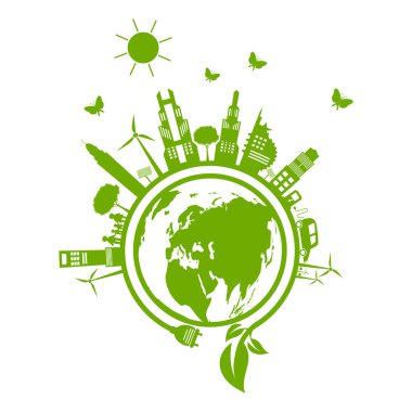 Ekoloji. Green şehirler çevre dostu konsept fikirler, vektör işareti ile dünyaya yardım