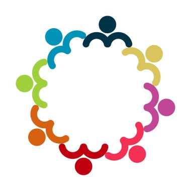 İnsanlar logosu. Bir daire içinde sekiz kişinin grup ekip çalışması sembolü, vektör illüstrasyon