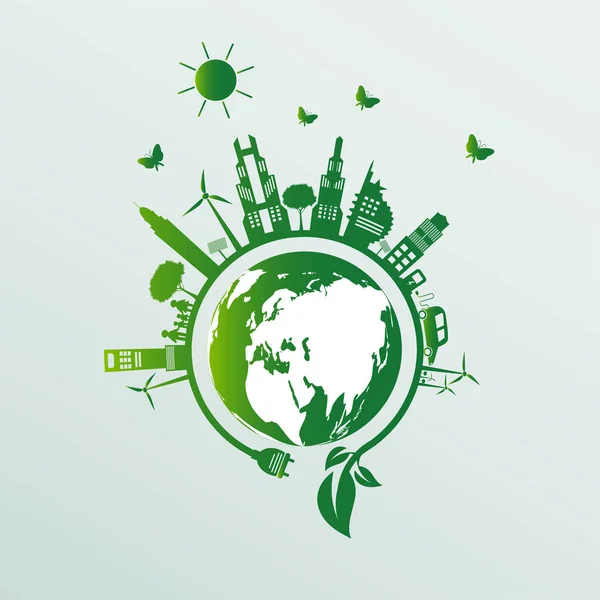 Ecología.Las ciudades verdes ayudan al mundo con ideas conceptuales ecológicas, ilustración vectorial — Vector de stock