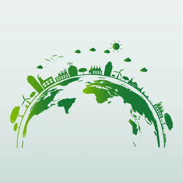 Ecologie energiebesparing gloeilamp, groene steden helpen de wereld met eco-vriendelijke concept ideeën, vector illustratie — Stockvector