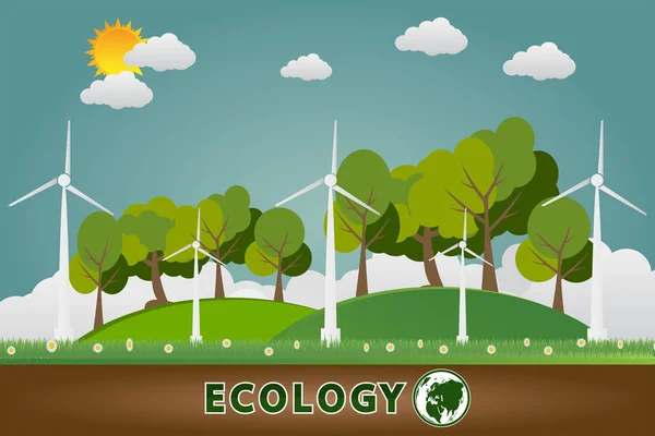 Zöld föld koncepció levelekkel. Ökológia városok segítik a világot a környezetbarát koncepció ötletek, vektor llustration — Stock Vector
