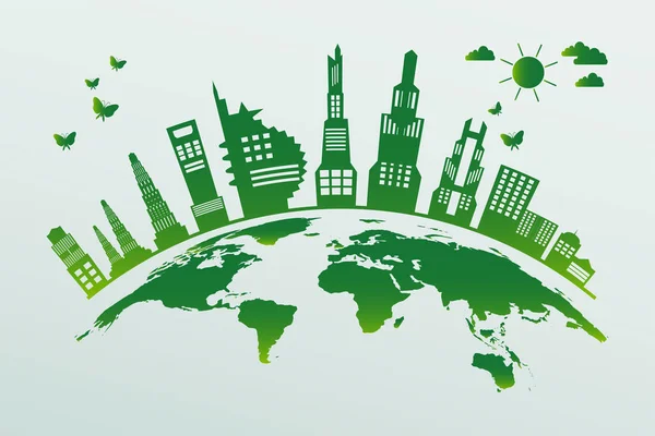 Ecology.Green cidades ajudar o mundo com ideias de conceito eco-friendly, Vector llustratio —  Vetores de Stock