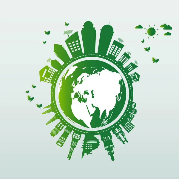 Екологія. Зелені міста допомагають світу з екологічно чистими концептуальними ідеями, Векторне лаволюціонування — стоковий вектор