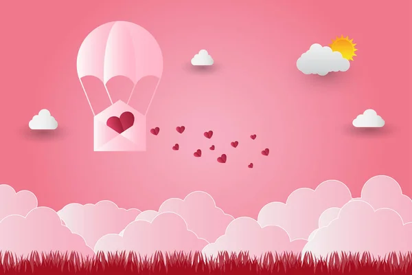 Palloncini di San Valentino in un cuore a forma di volare sopra l'erba vista sfondo, stile carta arte, illustrazione vettoriale — Vettoriale Stock