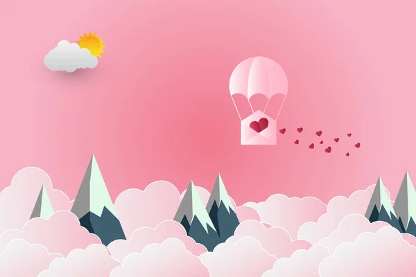 Día de San Valentín globo en forma de corazón flotando en el cielo y hermosas montañas cloud.paper arte, vector de ilustración — Vector de stock