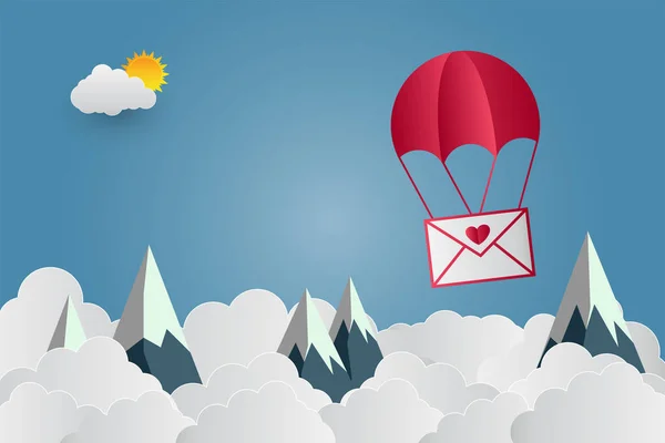 Día de San Valentín globo en forma de corazón flotando en el cielo y hermosas montañas cloud.paper arte, vector ilustrador — Vector de stock