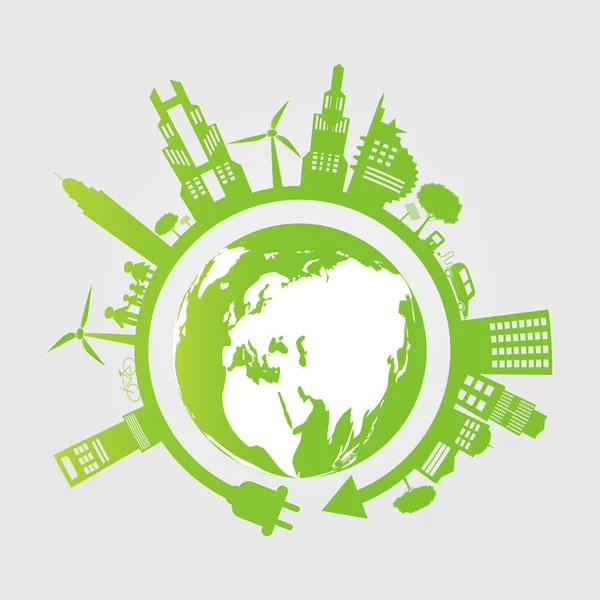 Ekologi. gröna städer hjälpa världen med miljö vänliga koncept idéer. vektor illustratio — Stock vektor