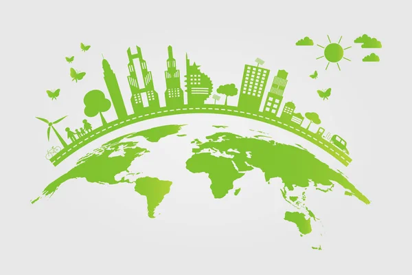 Ecology.Le città verdi aiutano il mondo con concept ideas.vector eco-friendly illustratio — Vettoriale Stock