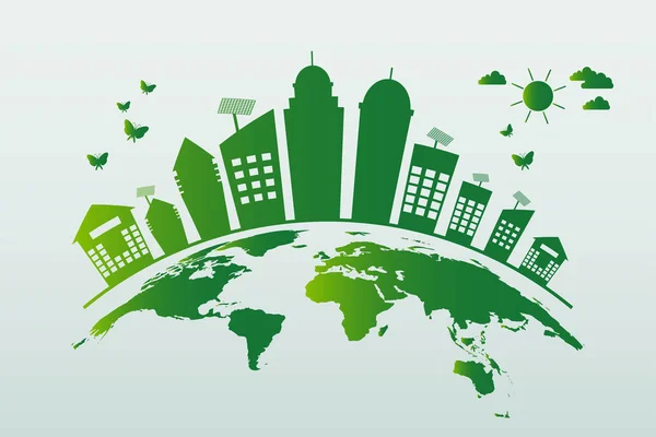 Ecology.Green cidades ajudar o mundo com ideias de conceito eco-friendly, ilustração vetorial — Vetor de Stock