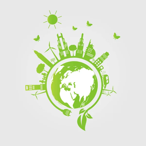 Ecology.Green cidades ajudar o mundo com o conceito eco-friendly ideas.vector illustratio —  Vetores de Stock