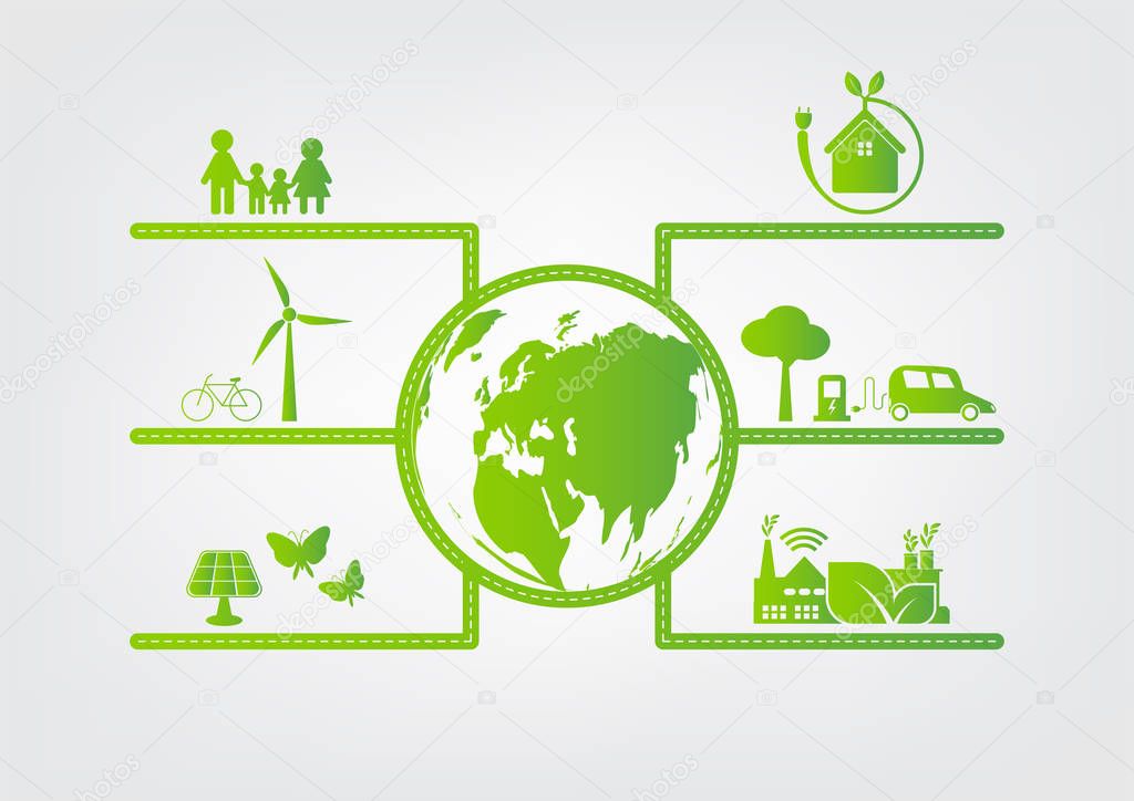 Ecology.Green cities help the world with eco-friendly concept ideas,Vector illustratio