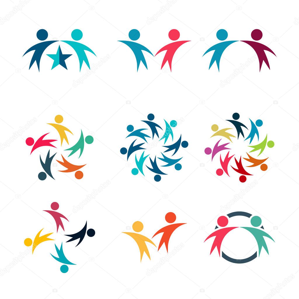 Five people heart in a circle holding hands.The summit workers are meeting in the same power room,vector illustrator