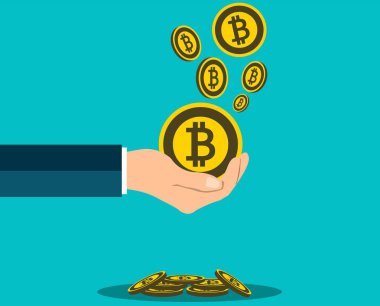 İş Bitcoin kavramı el tutma. Bir madalya bitcoin ver,Vektör illüstrasyon 