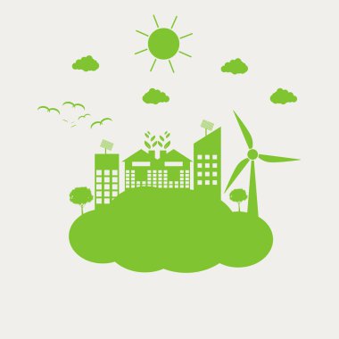 Yeşil şehirler çevre dostu konsept fikirleri ile bulut ile dünyaya yardımcı, Vektör illüstrasyon