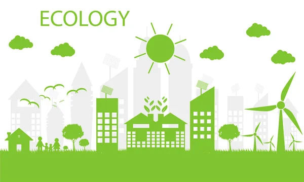 Le città verdi aiutano il mondo con idee concettuali eco-compatibili, illustrazione vettoriale — Vettoriale Stock