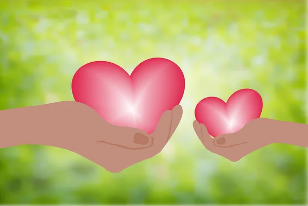 Hand holding heart.Give a pink heart with love.blurred green background, Vector illustration — стоковый вектор