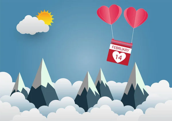 Ballon Saint-Valentin en forme de coeur flottant dans le ciel et de belles montagnes nuageux.paper art, illustration vectorielle — Image vectorielle