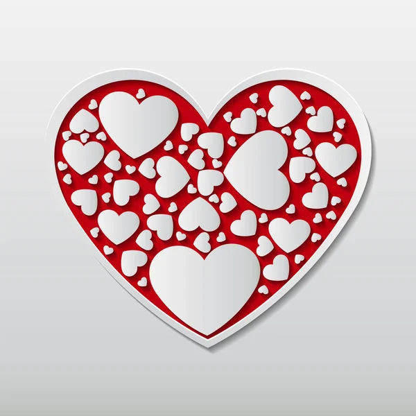 Krásný Červený papír odřízne srdce bílým rámečkem a mnoho malých obrazů bílých srdcí obklopeného srdcem, vektorová llustrace — Stockový vektor