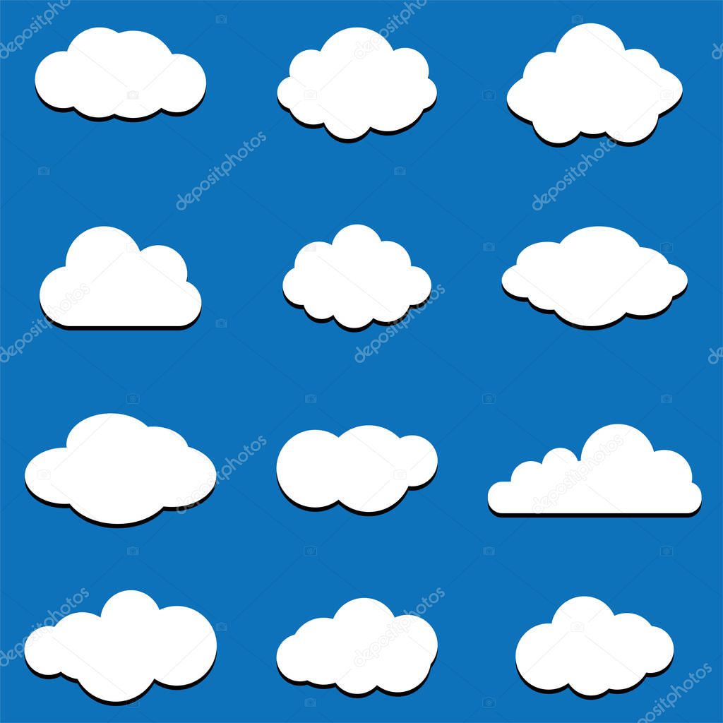 Cloud vector icon set white color on blue background. Sky flat illustration collection for web,Vector illustration