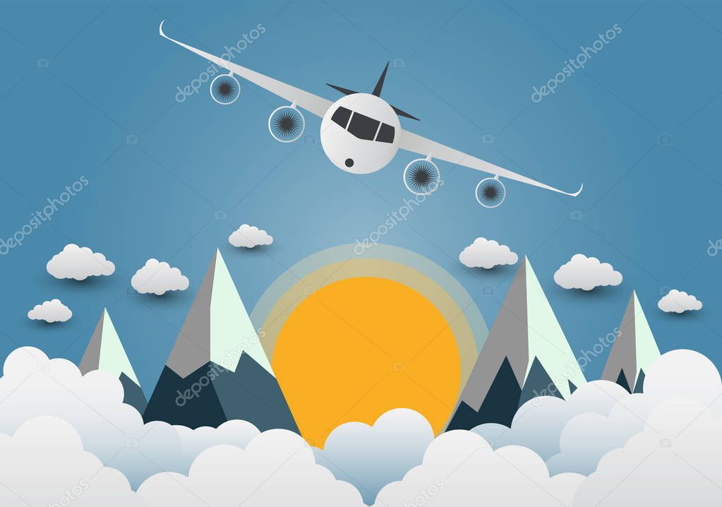 The plane soars over the mountains with beautiful sunsets over the clouds,Vector illustration