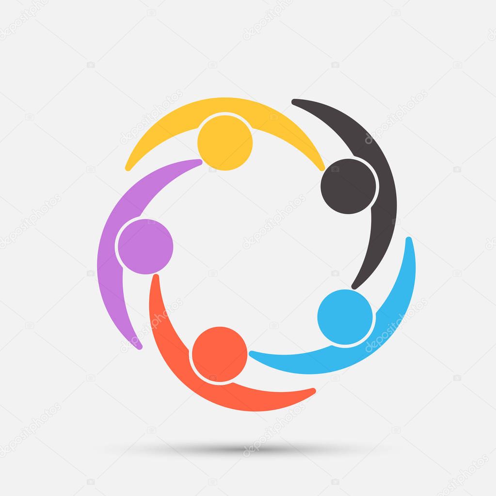 Group of five people in a circle.Teamwork meeting.people are meeting in the room.Powerful combined forces,Vector illustration
