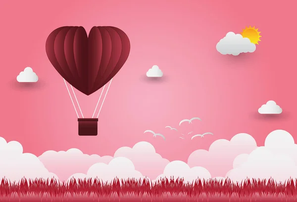 Globos de San Valentín en forma de corazón volando sobre hierba ver fondo, estilo de arte de papel, ilustración vectorial — Vector de stock