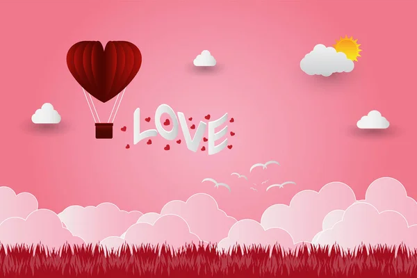 Valentýnské balónky ve tvaru srdce letící přes travní pozadí, styl papíru, vektorový obrázek — Stockový vektor