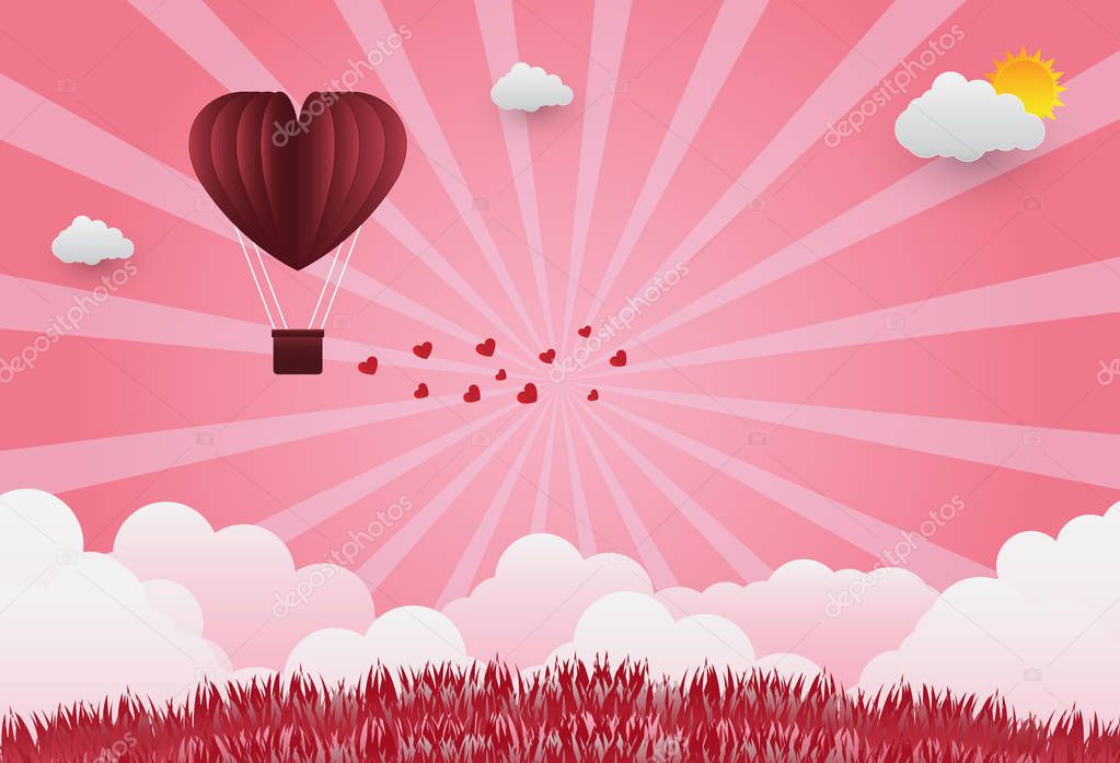 Valentine's day balloons in a heart shaped flying over grass view background, paper art style,Vector illustration