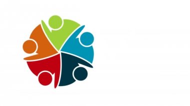 İnsanlar logosu. Bir daire içinde beş kişinin grup ekip çalışması sembolü. 4k çözünürlüklü hareket grafiği
