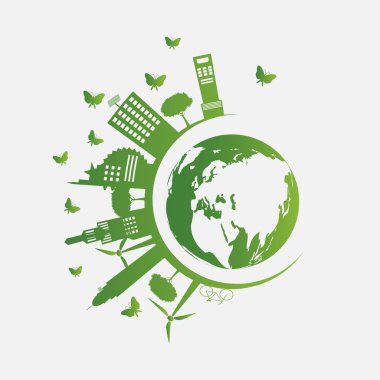 Ekoloji. Green şehirler çevre dostu konsept fikirleri ile dünyaya yardım, vektör ıllustratio
