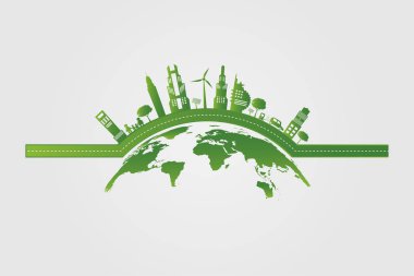 Ekoloji. Green şehirler çevre dostu konsept fikirleri ile dünyaya yardım, vektör ıllustratio