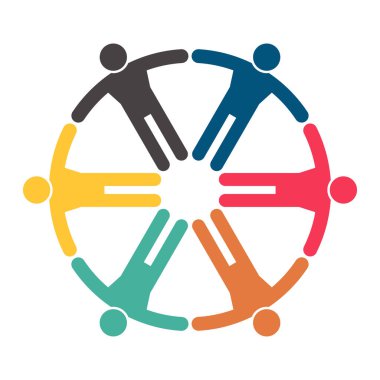 Daire altı kişi grubu. El tutarak. Zirve işçileri aynı güç odasında buluşuyor, vektör Illustration