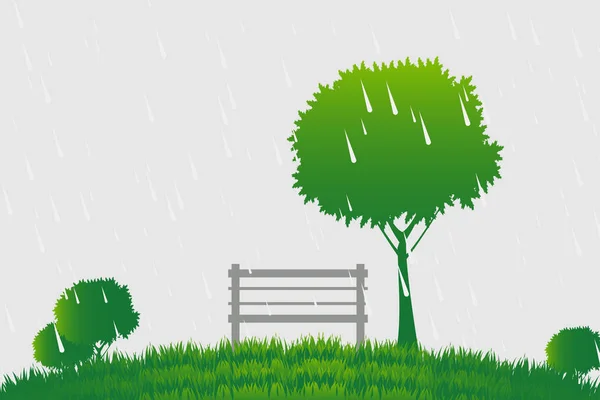 Cadeira e árvore na chuva sobre fundo verde, ilustração vetorial — Vetor de Stock
